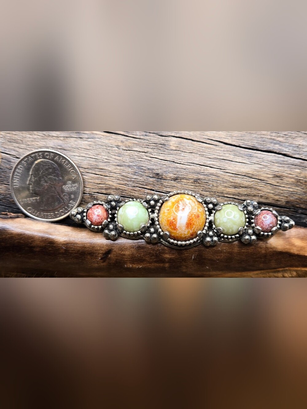 Multicolor Glass Cabochon Brooch  Silver Tone Vintage 3" X ¾" - Picture 3 of 4